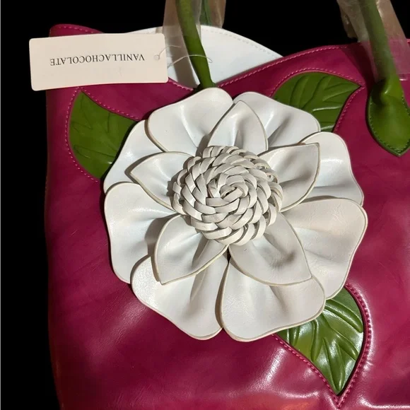 BNWT Vegan Leather Large Pink White Flower Kentucky Derby Bag - Picture 2 of 5